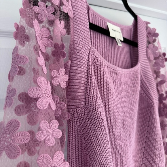 INDUSTRY Lilac Pink Cotton Knit Sweater Top w Sheer Floral Applique Sleeve S - Picture 3 of 12